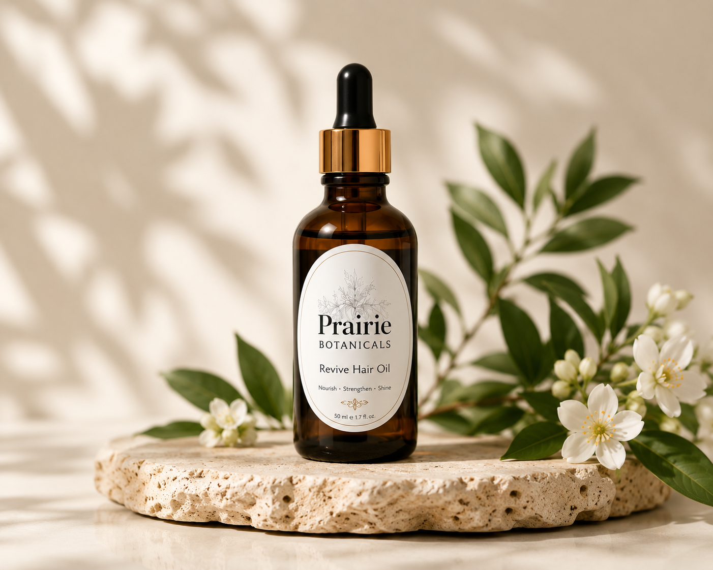 Prairie Hair Oil bottle with rosemary and lavender sprigs