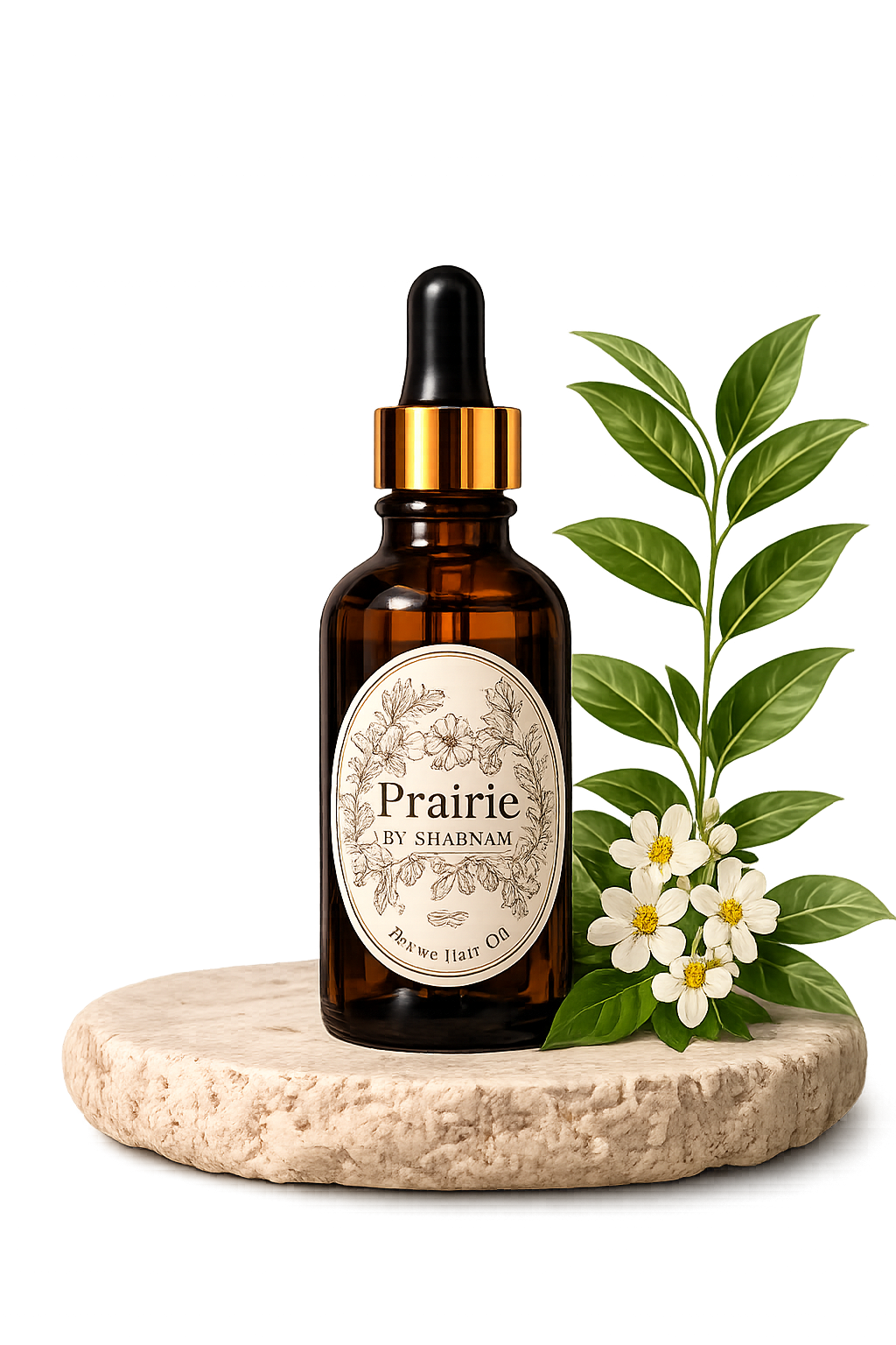 Prairie Hair Oil bottle with rosemary and lavender sprigs